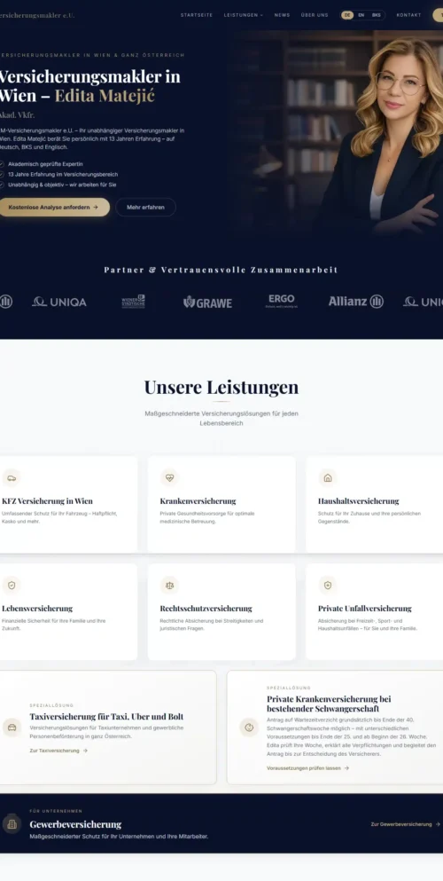 Website von EM-Versicherungsmakler e.U. in Wien mit Leistungsübersicht und Online-Terminbuchung